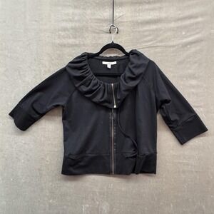 Ruffle Collar Zip Jacket Womens Large Black 3/4 Sleeve Cotton Blend Knit Pockets